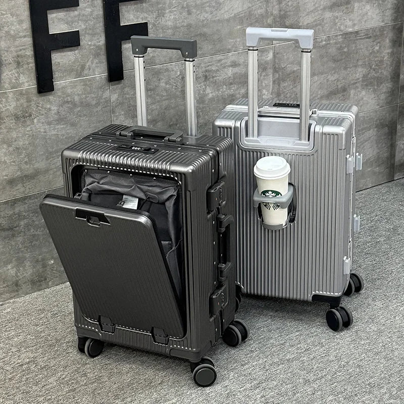 Premium Trolley Koffer mit Frontöffnung – ABS+PC, Aluminiumrahmen, 360° Rollen