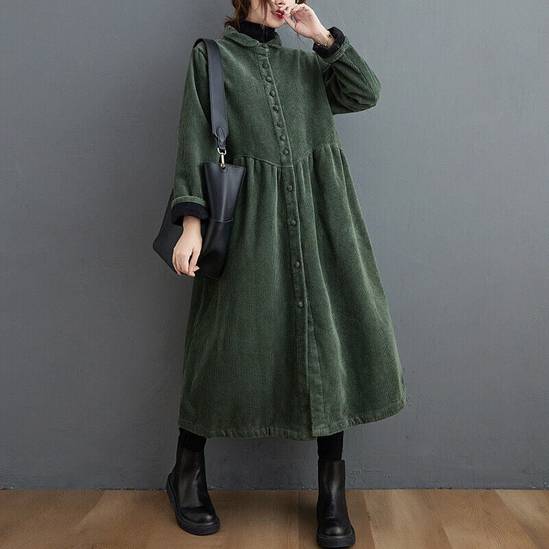Stylish Women’s Corduroy Winter Coat – Oversized Calf Length Jacket with Button Down Closure 0