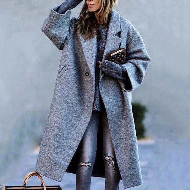 Stylish long women's coat – wool blend, oversized fit and single-breasted cut with lapel collar 0