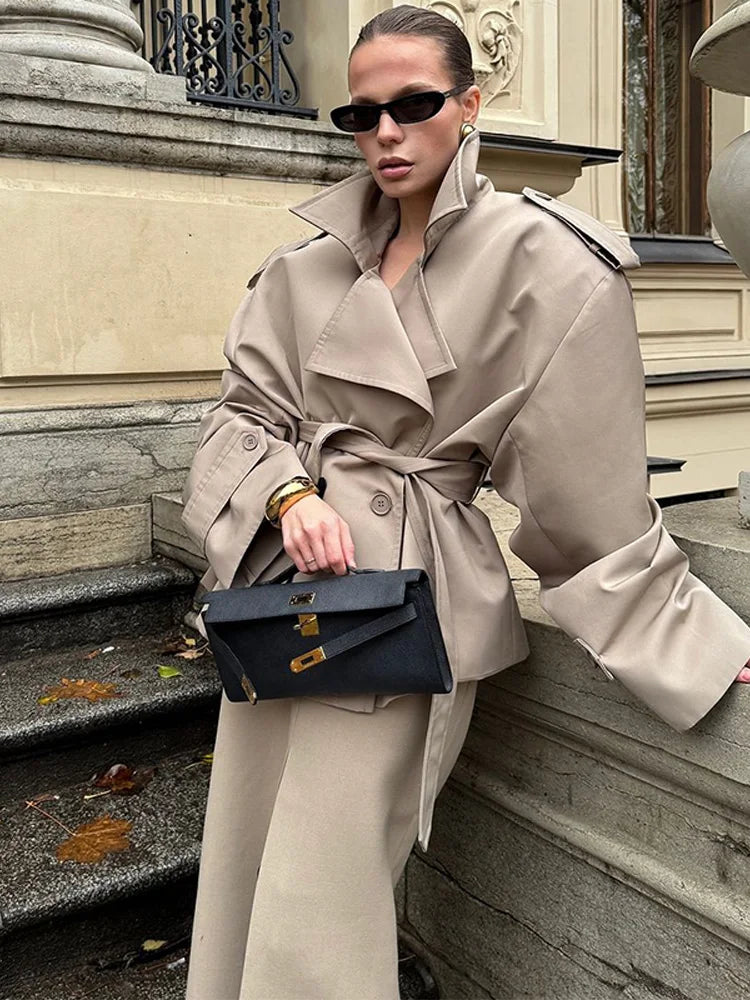 Vintage Women's Short Trench Coat with Turn-Down Collar and Shoulder Pads - Chic Women's Jacket 4