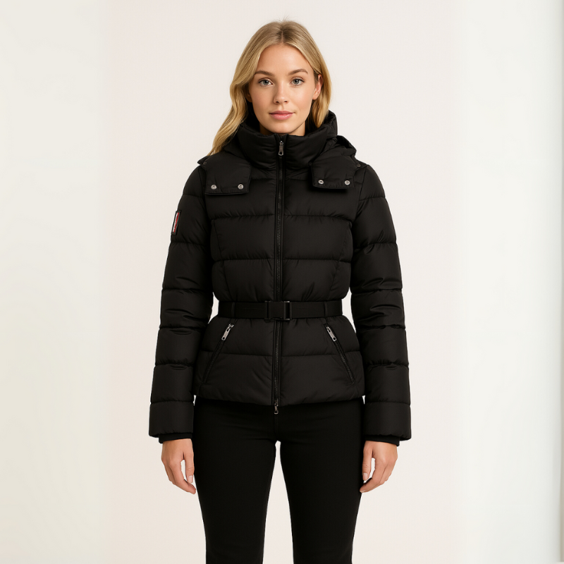 Women's Black Puffer Jacket Winter Coat with Belted Waist 0