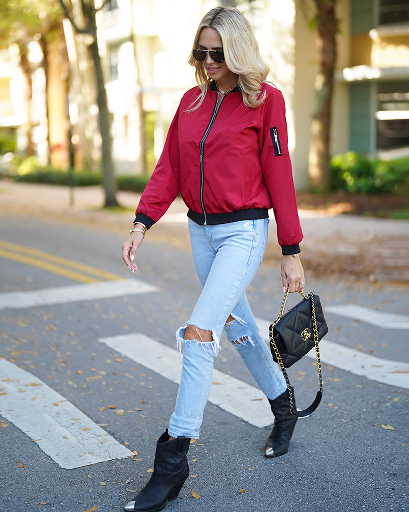Women's Bomber Jacket with Zip Front and Ribbed Trim Finish 1