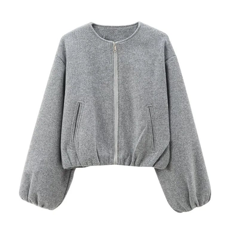 Women's Cropped Bomber Jacket with Long Sleeves and Zip Front 0