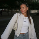 Women's Cropped Bomber Jacket with Long Sleeves and Zip Front 1