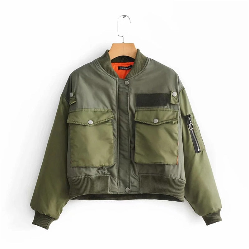 Women's Cropped Utility Bomber Jacket with Patch Pockets and Zip Sleeve 0
