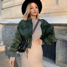 Women's Cropped Utility Bomber Jacket with Patch Pockets and Zip Sleeve 1