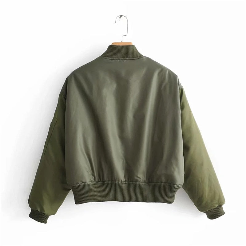 Women's Cropped Utility Bomber Jacket with Patch Pockets and Zip Sleeve 2