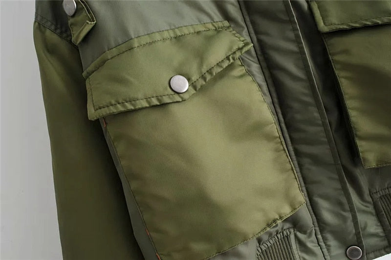 Women's Cropped Utility Bomber Jacket with Patch Pockets and Zip Sleeve 5