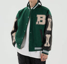 Women's Graphic Varsity Bomber Jacket with Bone Sleeve Design 0