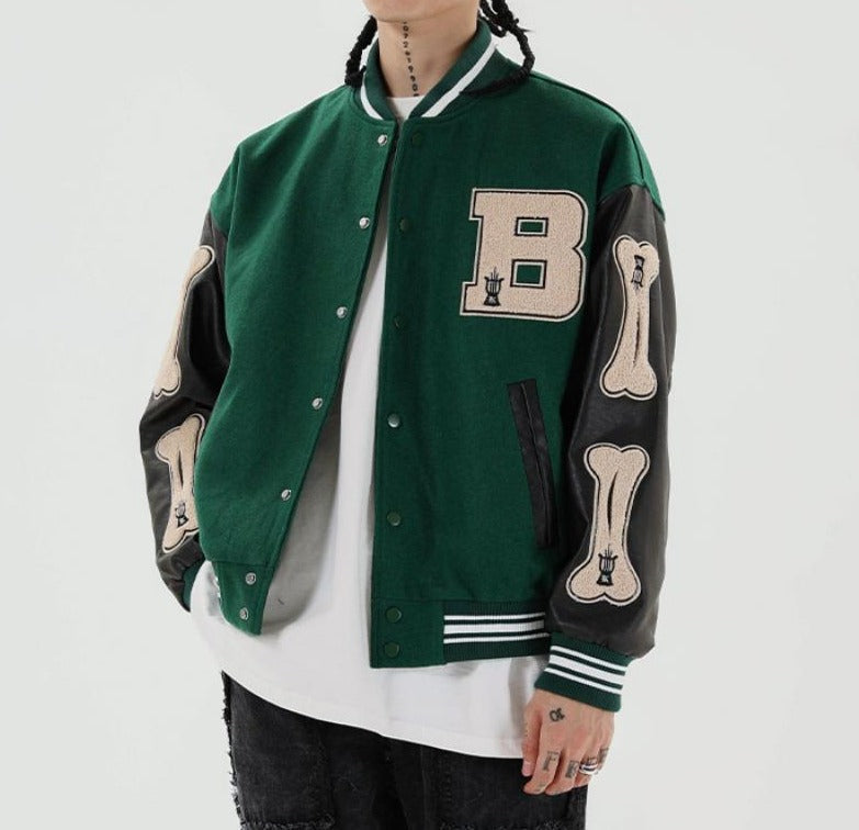 Women's Graphic Varsity Bomber Jacket with Bone Sleeve Design 0