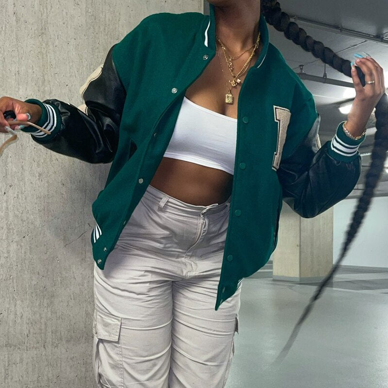 Women's Graphic Varsity Bomber Jacket with Bone Sleeve Design 1
