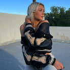 Women's Graphic Varsity Bomber Jacket with Bone Sleeve Design 2