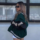 Women's Graphic Varsity Bomber Jacket with Bone Sleeve Design 3