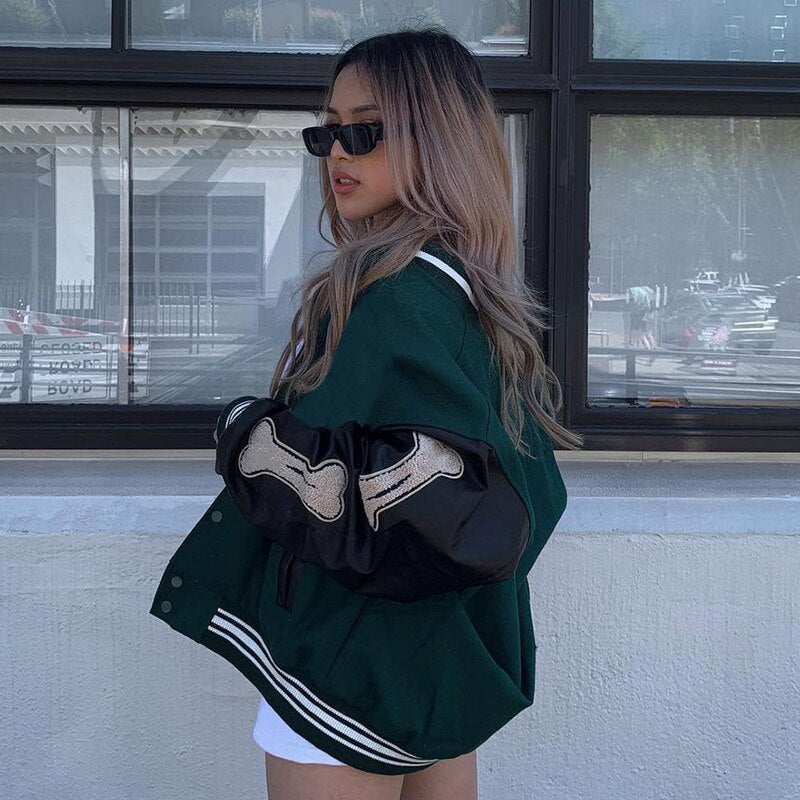 Women's Graphic Varsity Bomber Jacket with Bone Sleeve Design 3