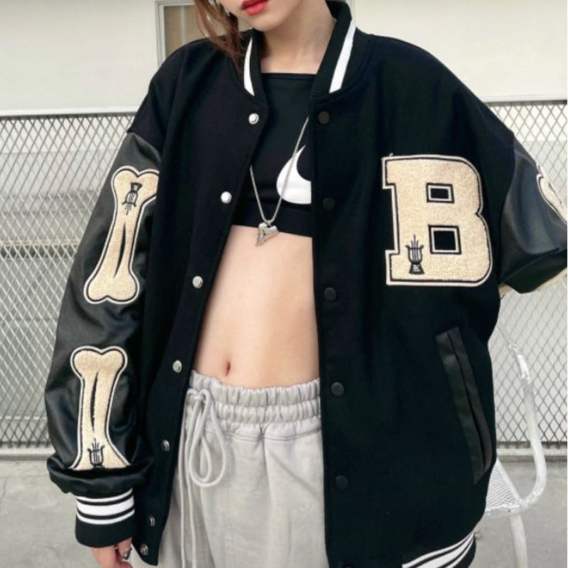Women's Graphic Varsity Bomber Jacket with Bone Sleeve Design 4