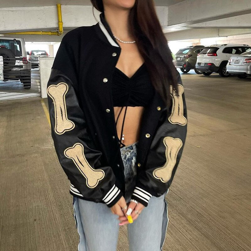 Women's Graphic Varsity Bomber Jacket with Bone Sleeve Design 5