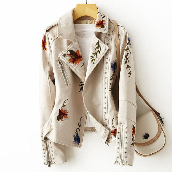 Women's Leather Jacket With Embroidery And Studs 0
