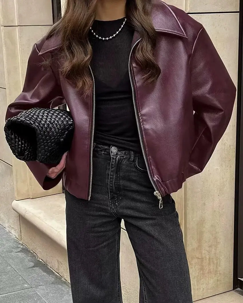 Women's Leather Jacket with Zipper Front and Classic Lapel Collar 1