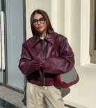 Women's Leather Jacket with Zipper Front and Classic Lapel Collar 2