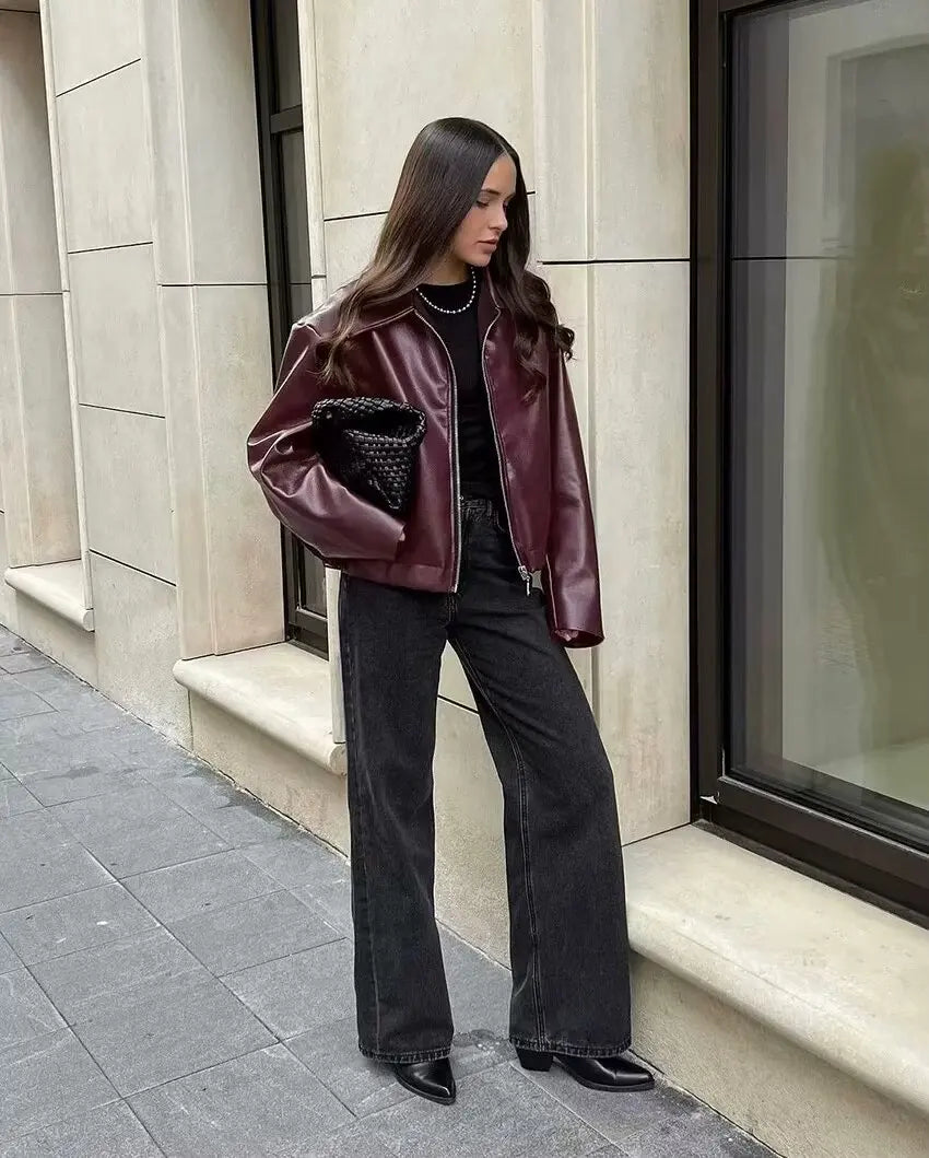 Women's Leather Jacket with Zipper Front and Classic Lapel Collar 3