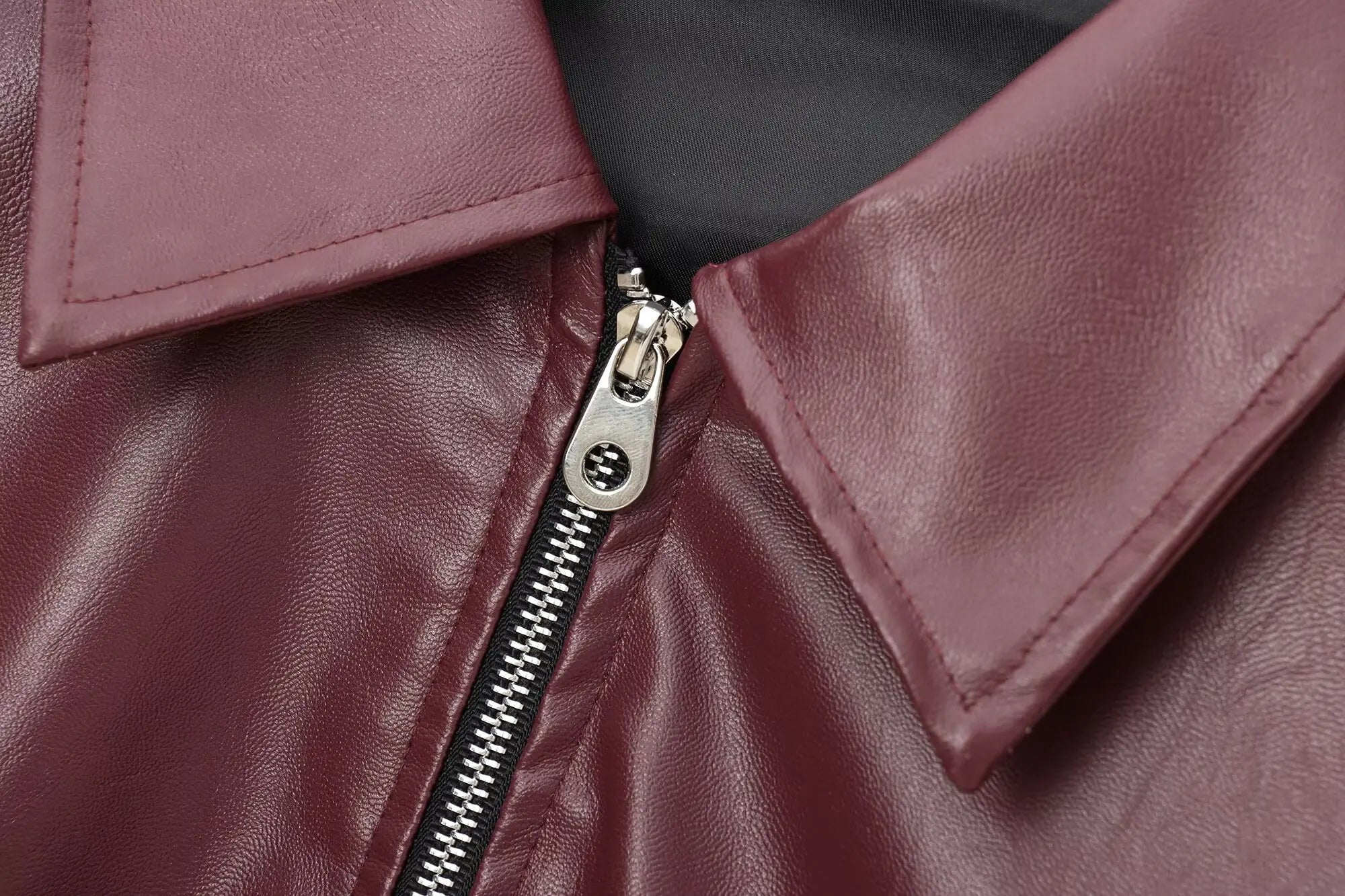Women's Leather Jacket with Zipper Front and Classic Lapel Collar 7