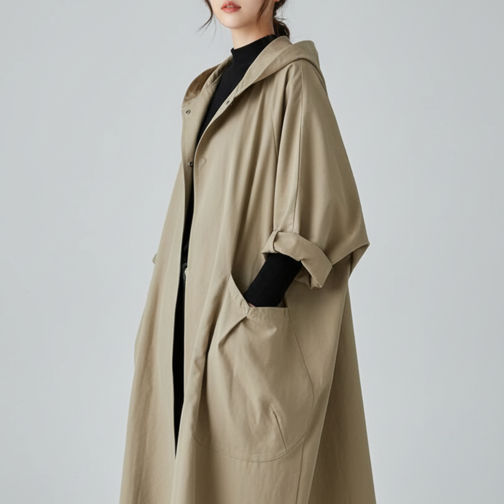 Women's Long Lightweight Trench Over Coat - Oversized Hooded 0