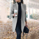 Women's Long Wool Trench Coat with Stand Collar and Sleek Fit 1