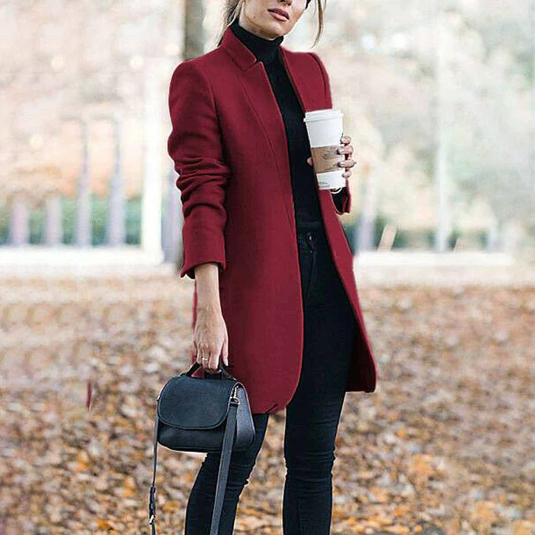 Women's Long Wool Trench Coat with Stand Collar and Sleek Fit 3