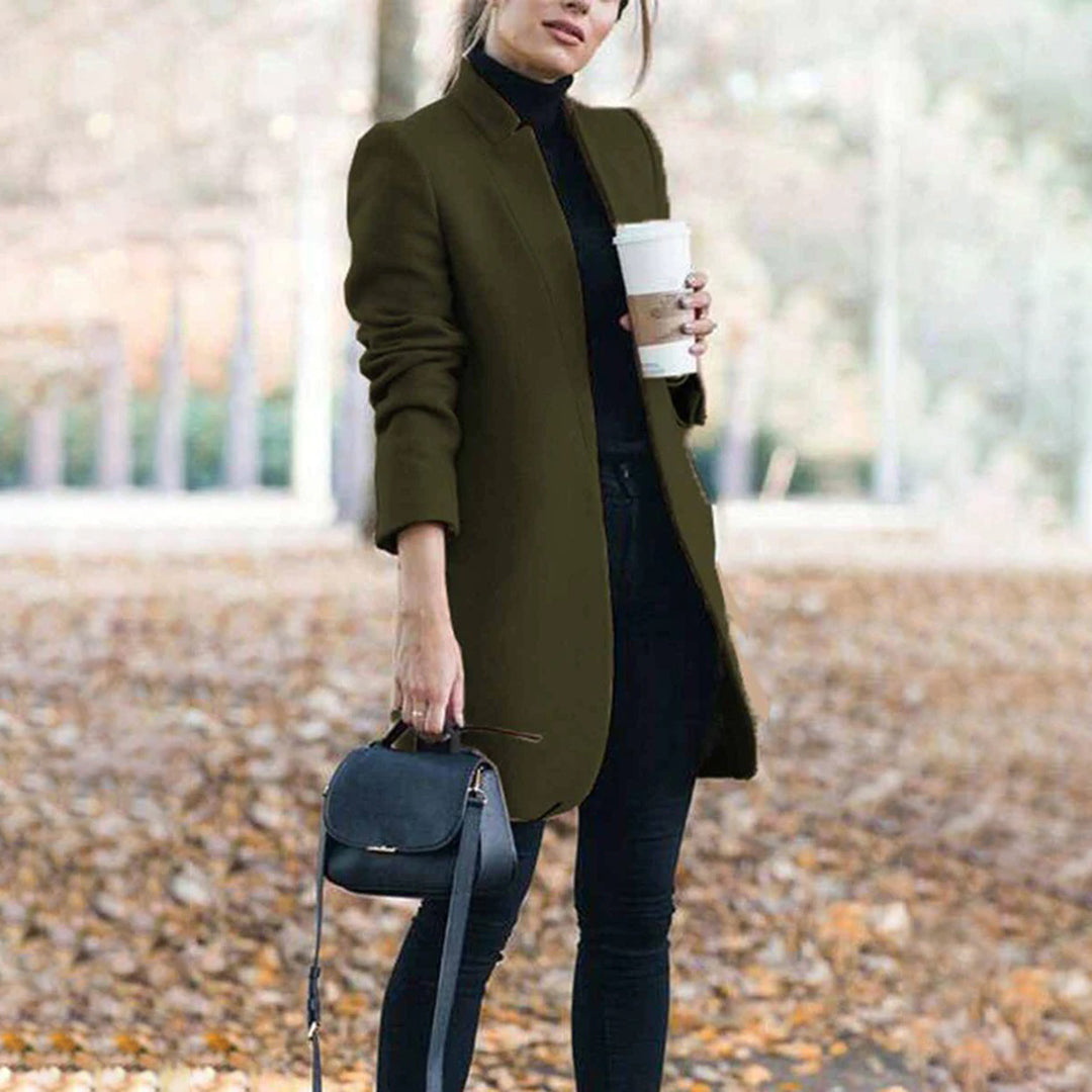 Women's Long Wool Trench Coat with Stand Collar and Sleek Fit 4