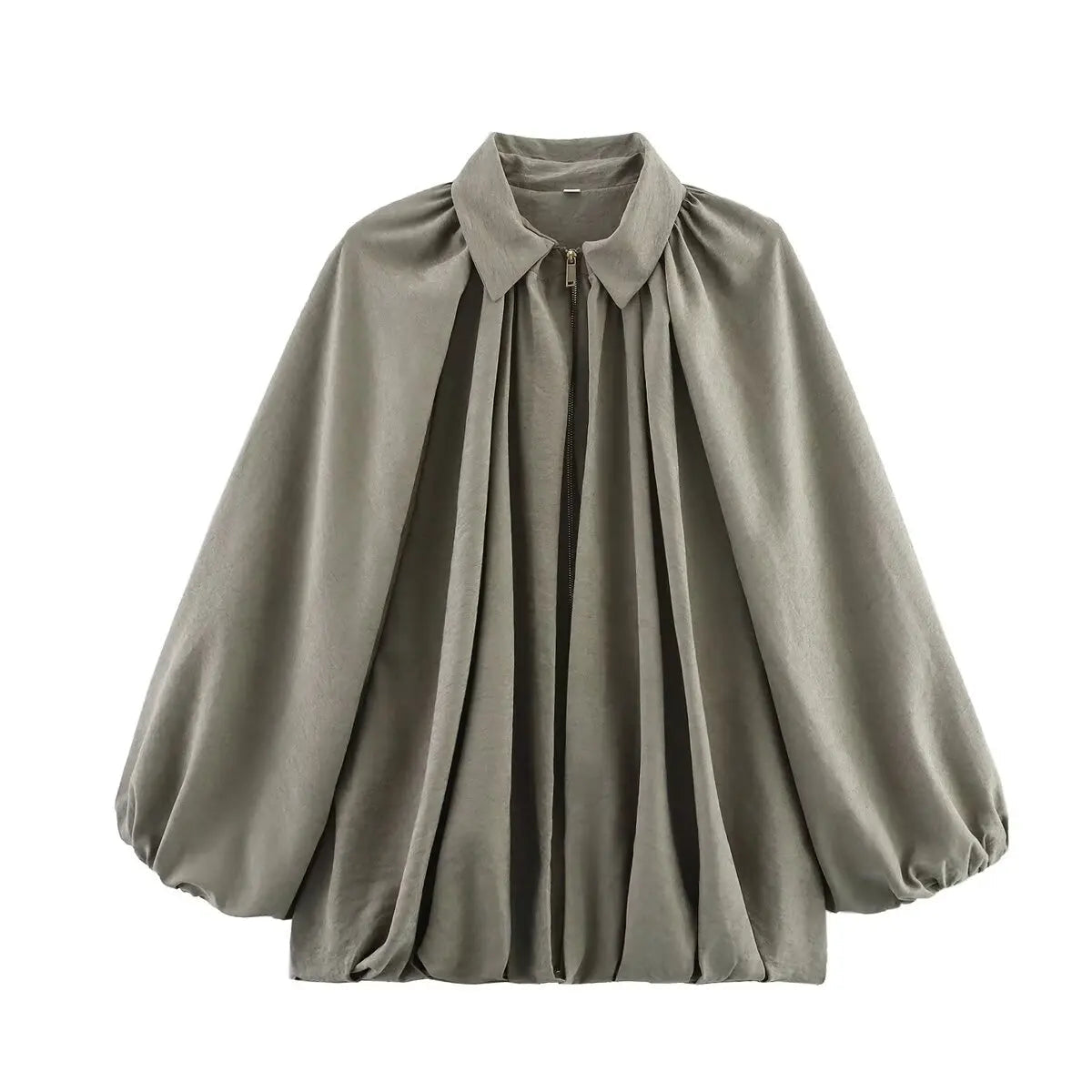 Women's Loose Fit Bomber Jacket with Long Puff Sleeves and Zip Front 0
