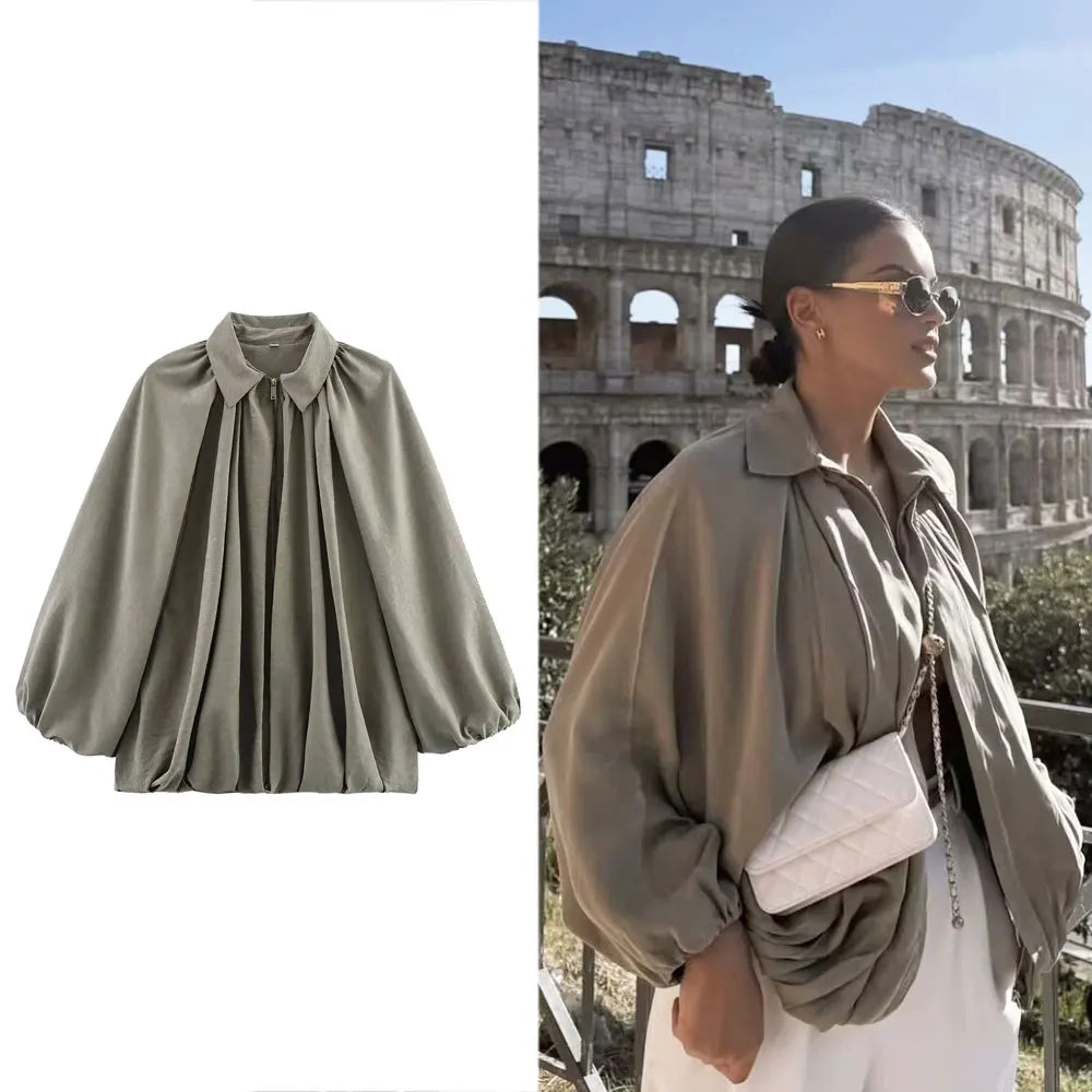 Women's Loose Fit Bomber Jacket with Long Puff Sleeves and Zip Front 5