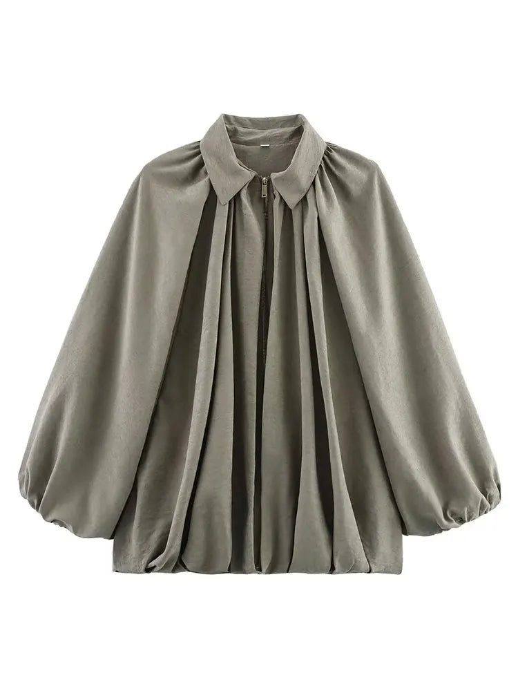 Women's Loose Fit Bomber Jacket with Long Puff Sleeves and Zip Front 6