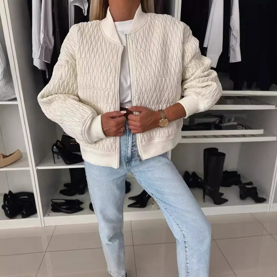 Women's Quilted Bomber Jacket with Zip Front and Ribbed Trim 0