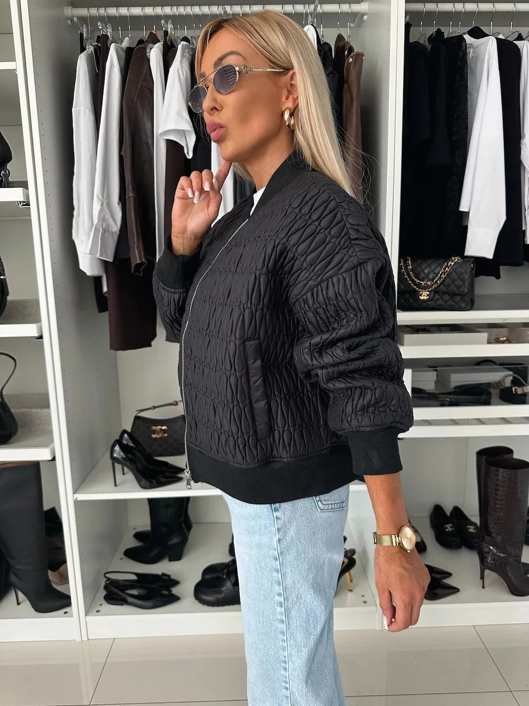 Women's Quilted Bomber Jacket with Zip Front and Ribbed Trim 10