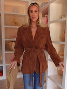 Women's Suede Belted Coat with Pockets – Long Sleeve Lapel Jacket for Autumn Style 0