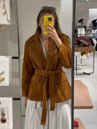 Women's Suede Belted Coat with Pockets – Long Sleeve Lapel Jacket for Autumn Style 1