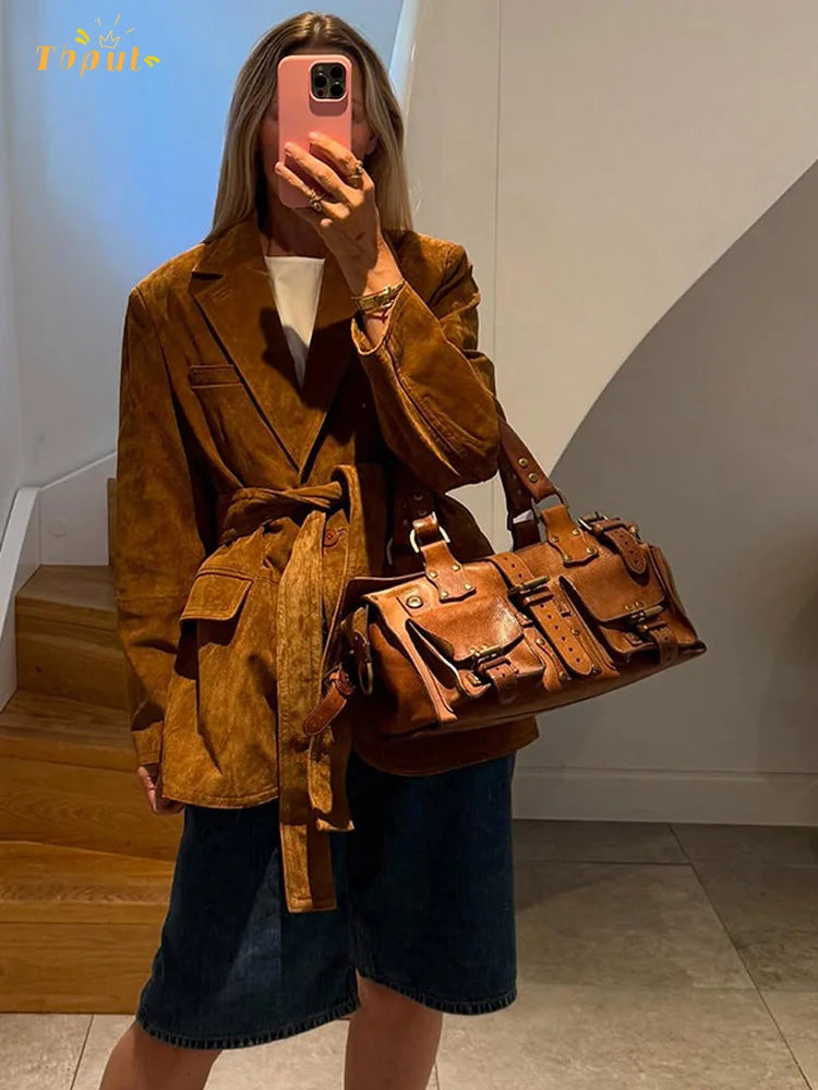 Women's Suede Belted Coat with Pockets – Long Sleeve Lapel Jacket for Autumn Style 2