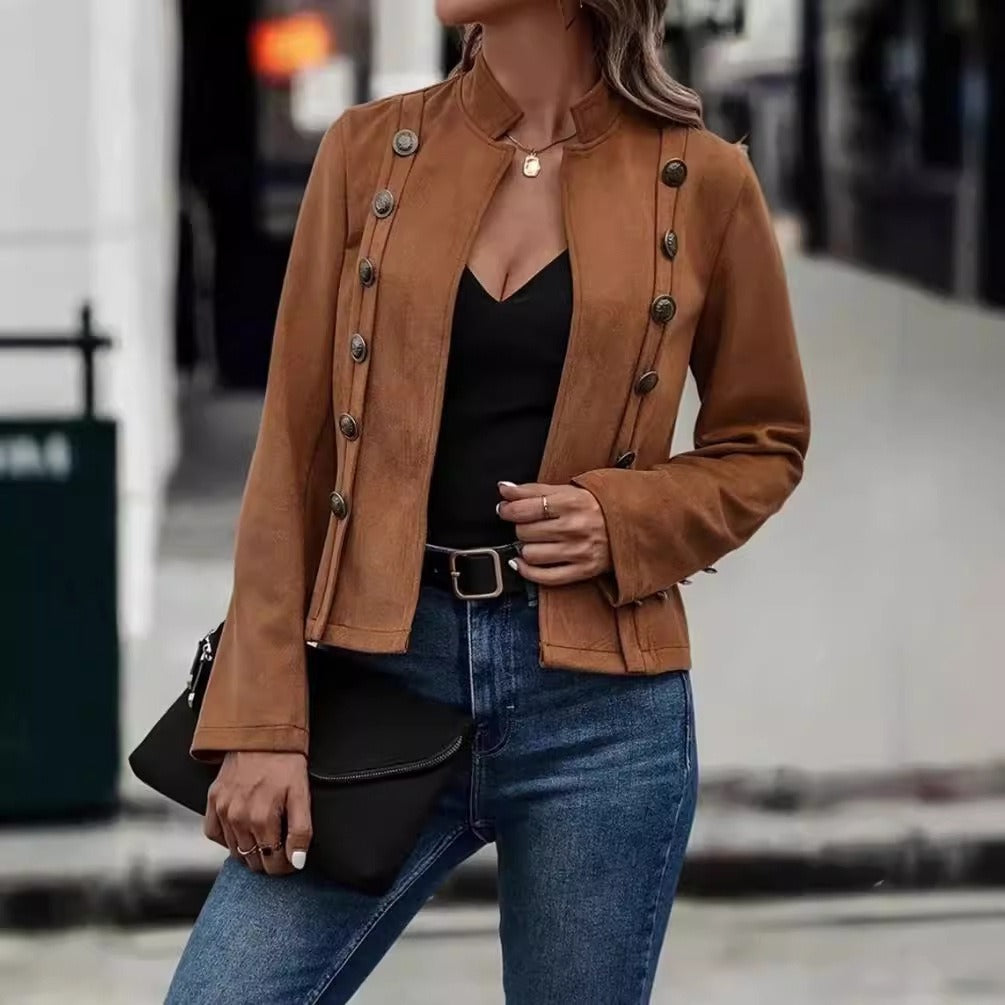 Women's Velvet Double-Breasted Jacket with Mandarin Collar – Retro Chic Design in Soft Deerskin Texture 1