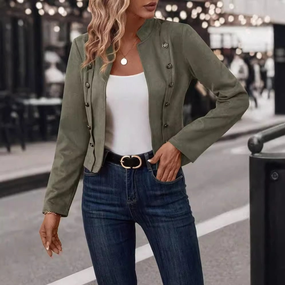 Women's Velvet Double-Breasted Jacket with Mandarin Collar – Retro Chic Design in Soft Deerskin Texture 3