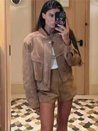 Women's Vintage Suede Short Jacket with Zipper Pockets – Casual Loose Fit for Spring and Autumn 6